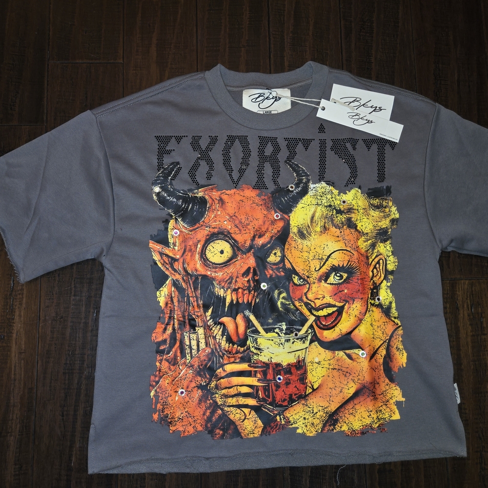 Bkys Exorcist Gray Graphic Crop Short Sleeve Sweatshirt w Black Rhinestones SzL